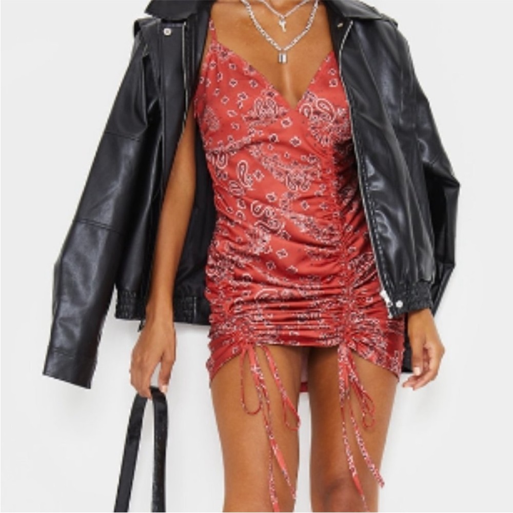 Pretty Little Thing Red Bandanna Print Double Ruched Fromt Bodycon Dress